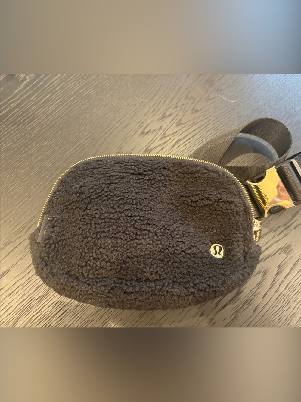 lululemon athletica Black Sherpa Belt Bag with Gold Hardware